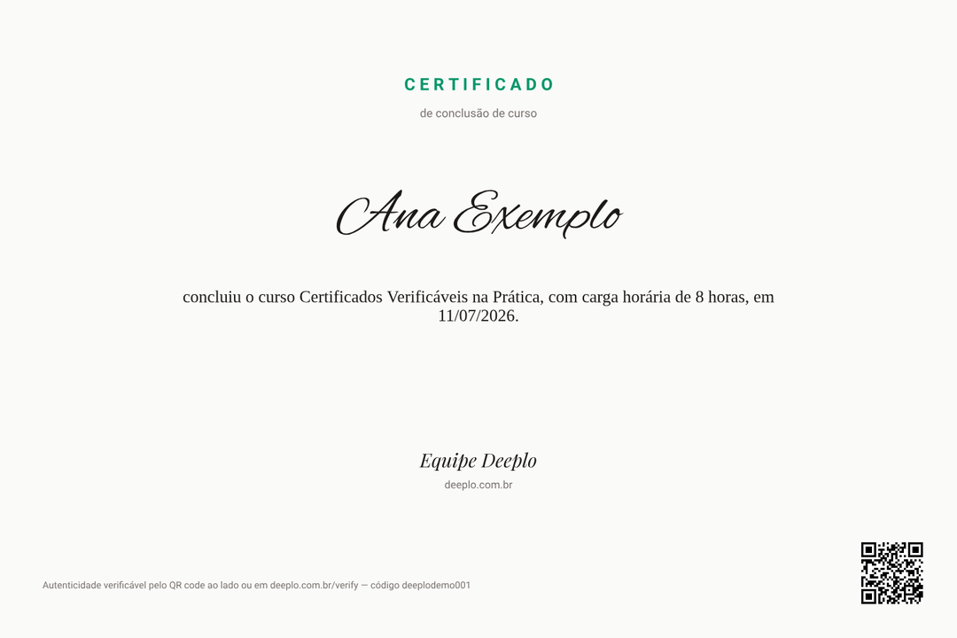Certificado de exemplo emitido pelo Deeplo para Ana Exemplo, com QR code de verificação